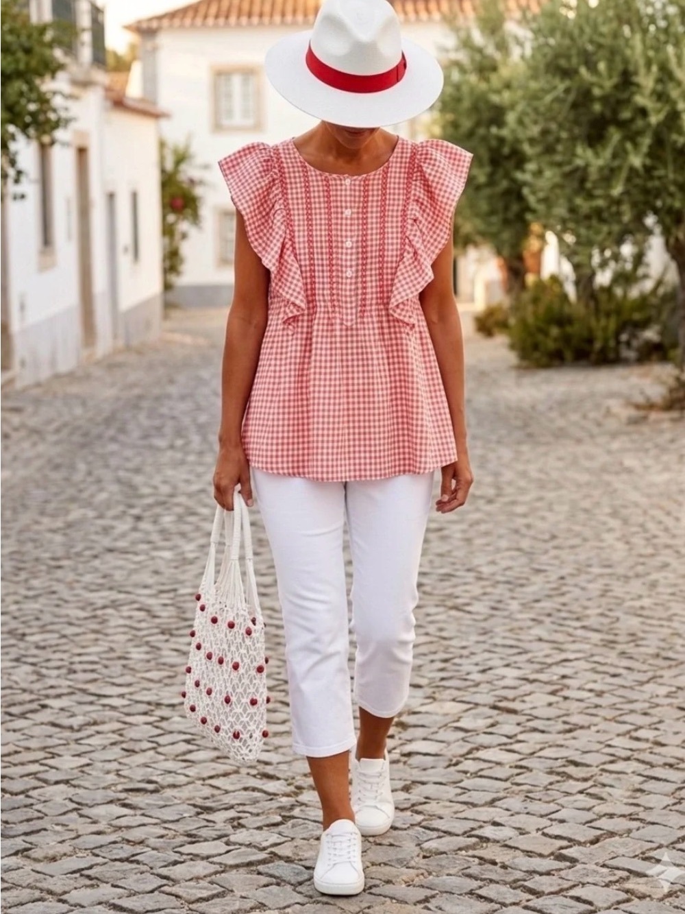 Max Studio ~ Red & White Gingham Flutter Sleeve Blouse - Medium - Picture 1 of 7